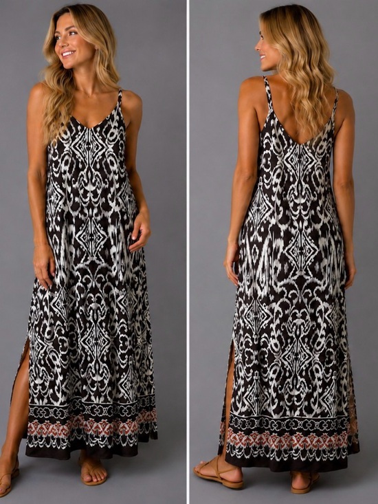 MSK Dresses & Skirts - MSK Vestido Maxi Estampado Marrón Blanco Rayon Talla S